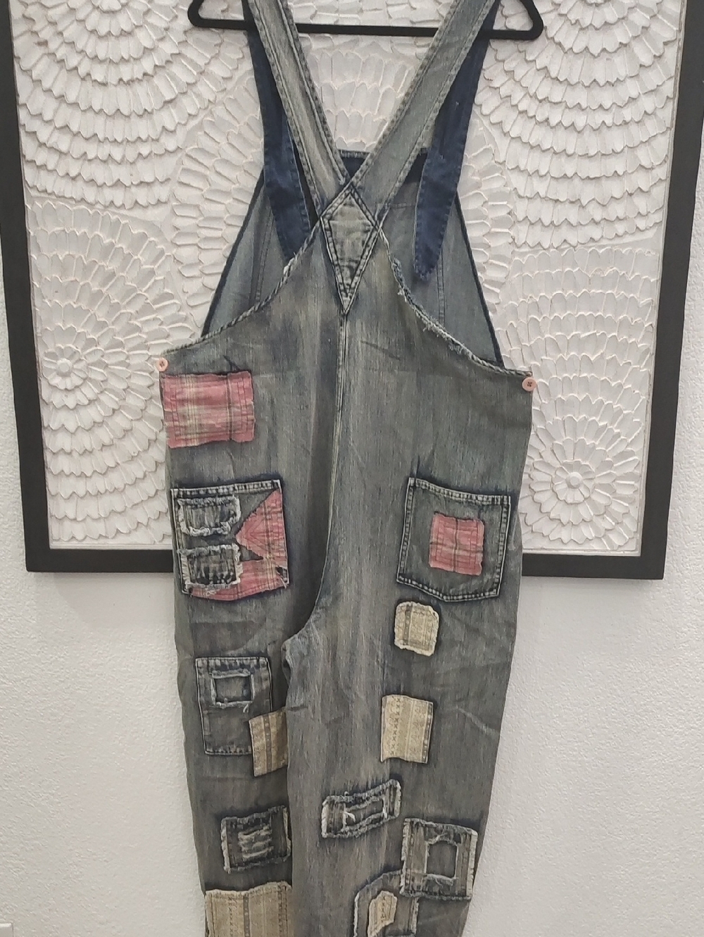 Boho Embroidered Mineral Wash Patchwork Denim Overalls Vintage Wash Oversize Fit - Picture 7 of 7